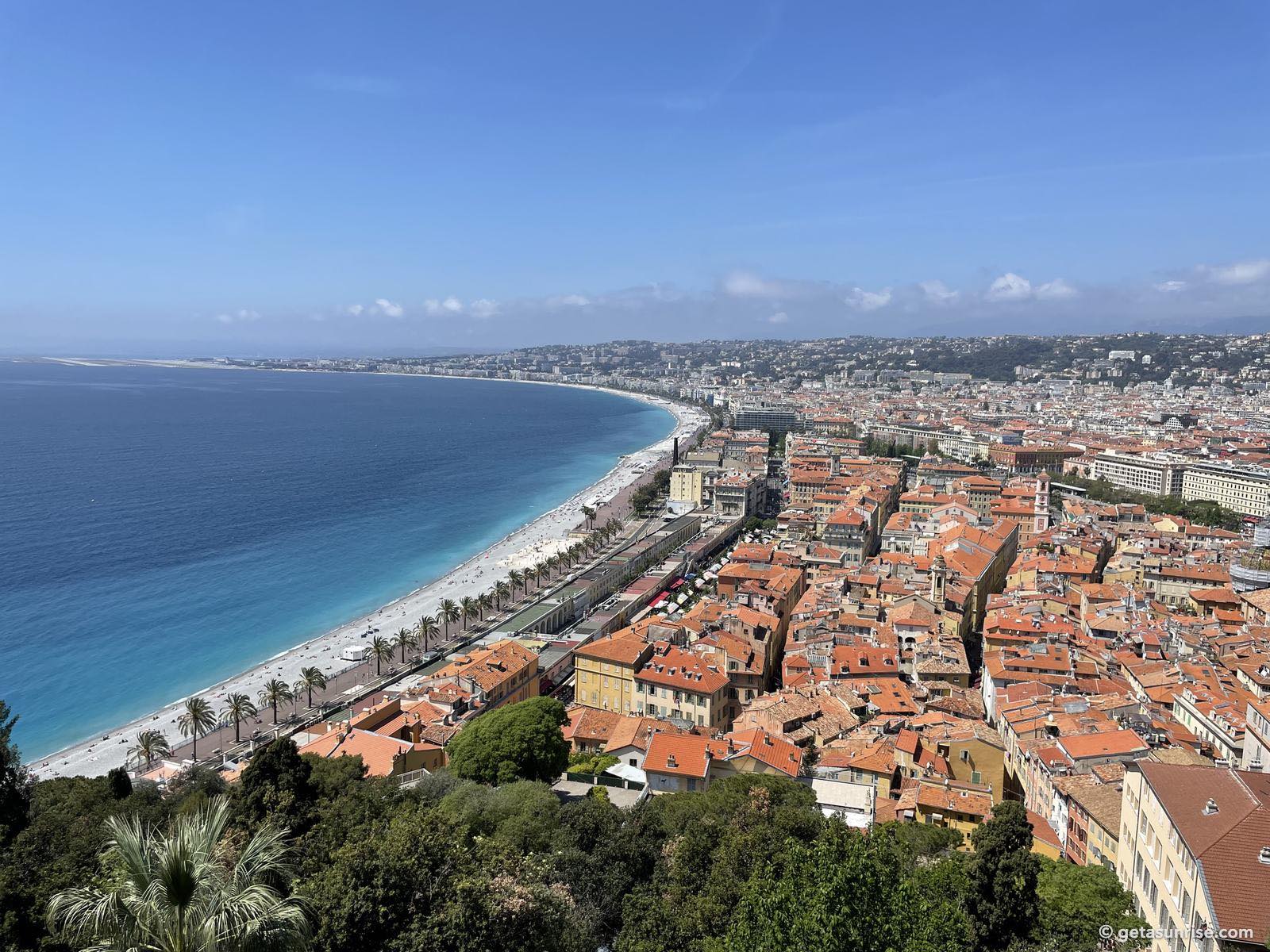 View from the top of Castle Hill over the Old Town of Nice, the Promenade des Anglais and the Baie des Anges